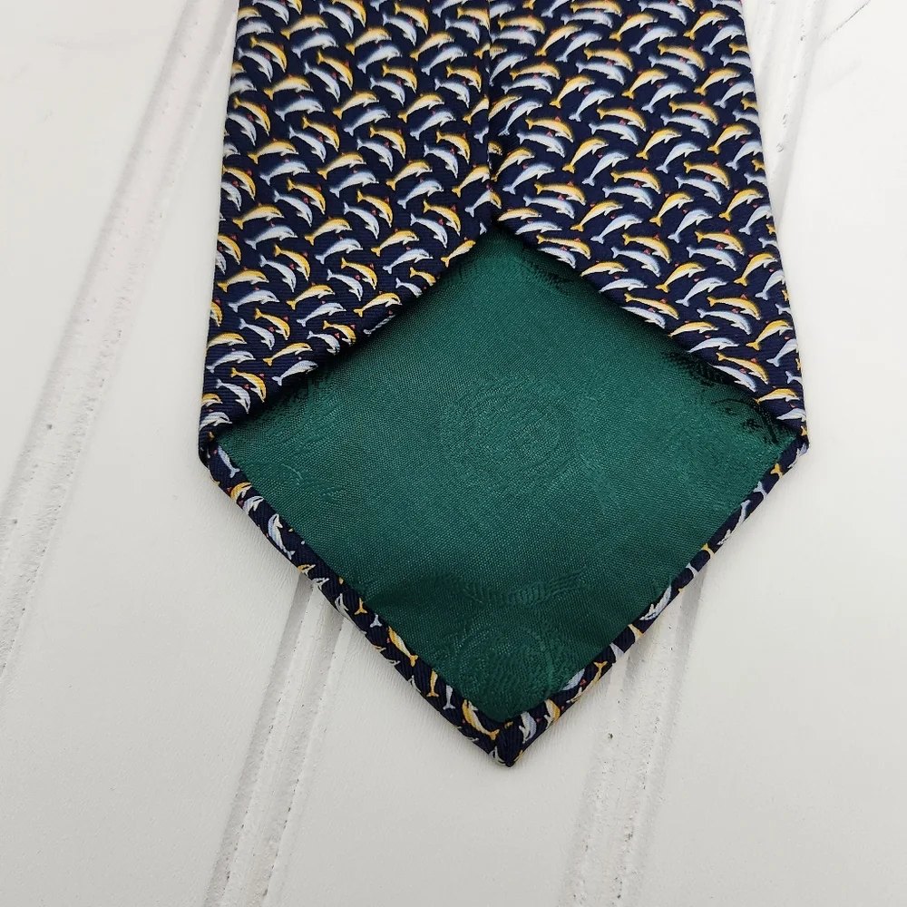 Tommy Hilfiger Mens Designer Dolphin Print All Silk USA Made Gold/Blue Tie